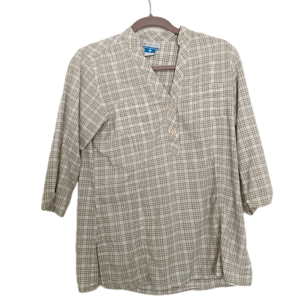 Columbia Cotton Plaid Henley Shirt Lightweight Roll-Tab Sleeve Outdoor Size S